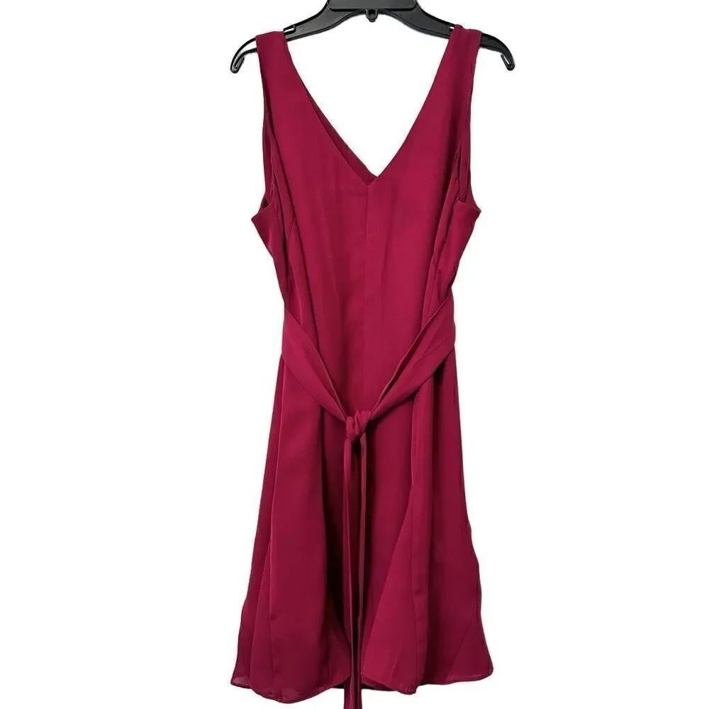 Parker V-Neck Sleeveless Tie Belt Lined Back Zip Swing Midi Dress Red Medium